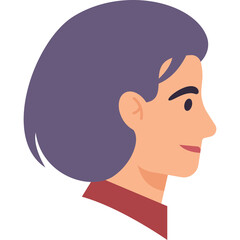 Profile portrait of a woman with short purple hair wearing a maroon shirt isolated on a transparent white background
