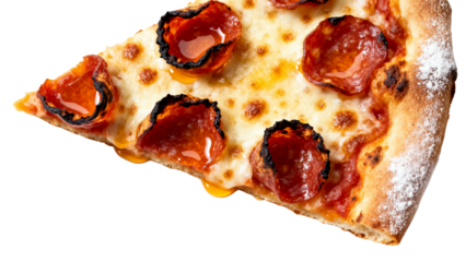 Close up of pepperoni pizza slice with melted cheese and golden oil