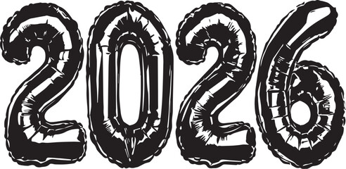New Year 2026 Celebration: Elegant, jet-black, foil balloons form the digits 2026, evoking anticipation for the new year. A timeless and festive graphic, perfect for welcoming the future.