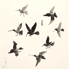Fototapeta premium Set of bue ink wash paintings of various birds in flight on white background. Traditional oriental ink painting sumi-e, u-sin, go-hua. Hieroglyph - happiness
