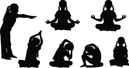 Yoga silhouette, child poses, mindfulness practice, seated stretch, meditation icon, flexibility training, wellness vector, calm activity, balance posture, peaceful exercise