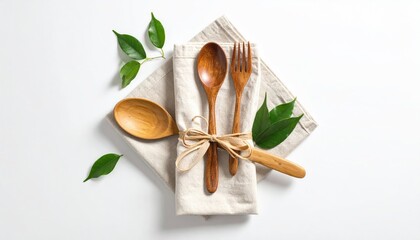 Wooden cutlery, napkin, leaves. Clean, minimalist