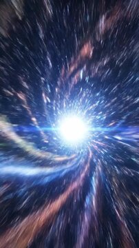 Cinematic time lapse simulation flying through a vortex tunnel of swirling bright light trails creating dynamic non-linear movement fast movement, fiber optic, technology