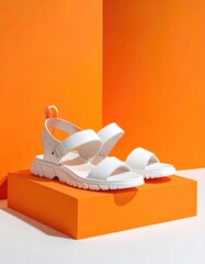 White sandals on orange block, simple bright studio shot