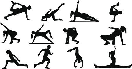 Yoga and fitness silhouette vector, stretching and balance poses, workout illustration set, black athletic figure collection, body movement icons