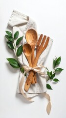Wooden kitchen utensils tied on cloth with green leaves