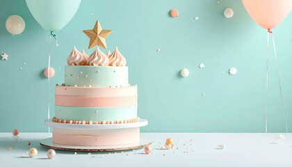 Pastel birthday cake with star topper & balloons backdrop