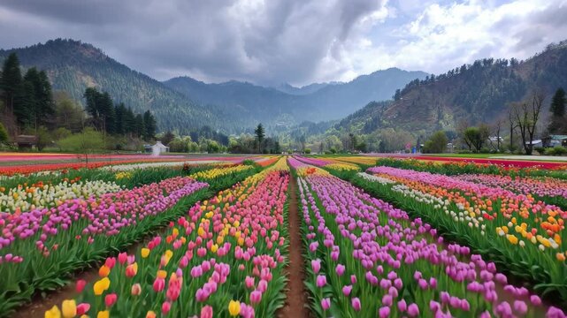 Vibrant tulip garden flourishing under dramatic skies in the stunning forested hills of Srinagar, Kashmir