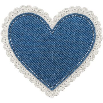 Denim heart patch with lace trim, showcasing soft texture and intricate detailing. This charming accessory adds unique touch to clothing or crafts, evoking warmth and creativity