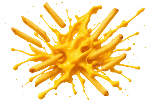 French fries breaking through a splash of melted cheese sauce, creating a dynamic food explosion on transparent background
