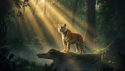 A majestic tiger standing on a mossy log in a sunlit forest with dense foliage and tall trees