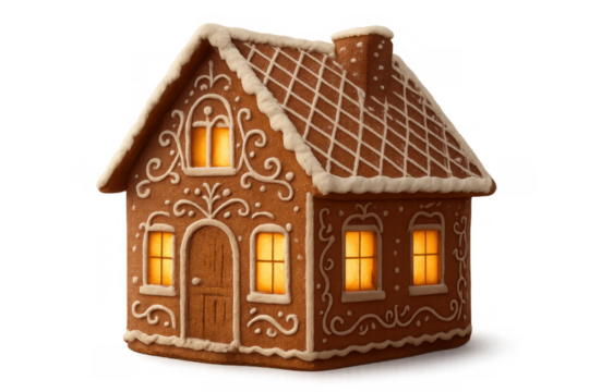 Gingerbread house showing glowing windows for christmas holidays, a sweet tradition, on transparent background
