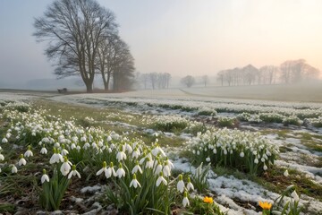 Snowdrop field in misty winter landscape