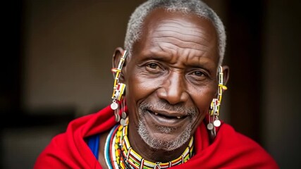 Elderly maasai man in traditional attire smiling and engaging with the camera