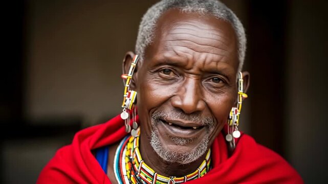 Elderly maasai man in traditional attire smiling and engaging with the camera