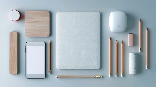 A collection of office and school supplies arranged neatly on a flat surface, including a smartphone, notebook, pencils, and a mouse.