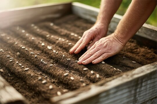 person press down seed on seedbed to sow plant