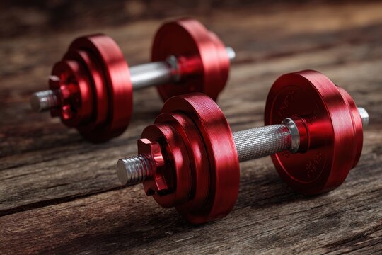 Red adjustable metallic dumbbells for strength training on a wooden surface during a fitness session in the morning