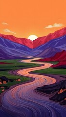 Fototapeta premium Winding river through mountains at sunset with vibrant colors in a digital painting