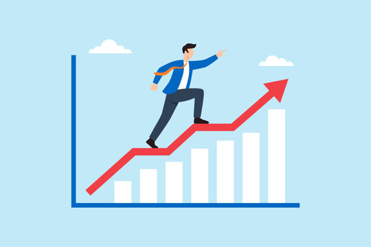 Flat illustration of businessman confidently climbing and pointing upward on rising line graph chart symbolizing business growth financial success and goal achievement