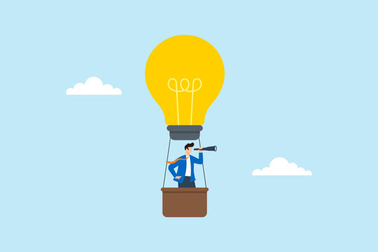 Flat illustration of businessman flying in hot air balloon shaped like light bulb while looking through telescope symbolizing innovation visionary thinking and exploration of creative opportunities