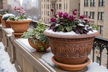 Planter with winter snow on urban balcony