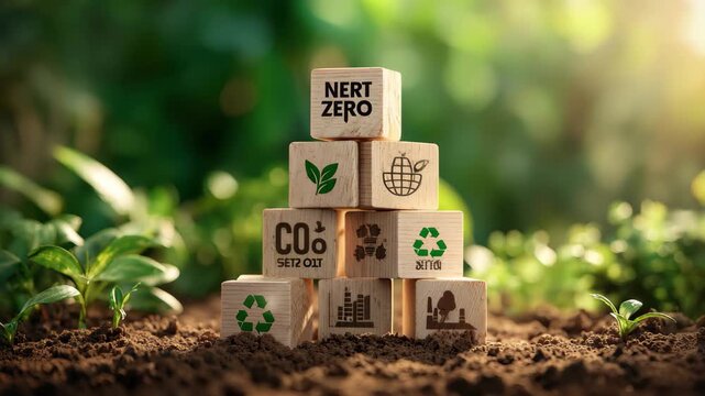 Wooden blocks displaying net zero and CO2 reduction concepts for sustainable future, 4K