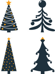 Stylized Christmas tree icons set in dark silhouette, adorned with glowing orange ornaments and a star on top.