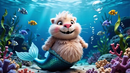 Adorable cartoon hamster-mermaid hybrid with a scaly tail, smiling underwater among colorful tropical fish, corals, seaweed, and air bubbles in a vibrant blue ocean scene.