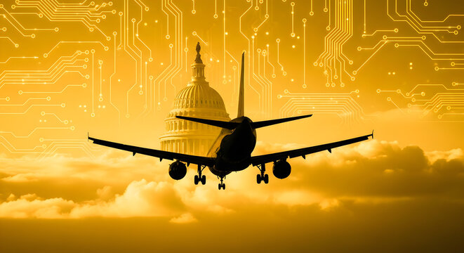 Silhouette of Airplane and US Capitol Dome with Digital Circuit Overlay