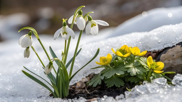 Snowdrop and winter aconite flowers in snow