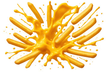 French fries splashing in yellow cheese sauce, fried potato sticks creating dynamic food movement