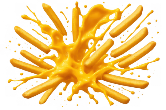 French fries splashing in yellow cheese sauce, fried potato sticks creating dynamic food movement