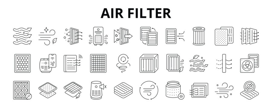 30 Air Filter Line Icons Vector - Dust Filter, HEPA, Sensor, Vent, Odor, Air Cleaner, Carbon Filter