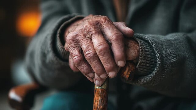 Elderly hands resting on walking stick show age and experience, a touching story unfolds, 4K