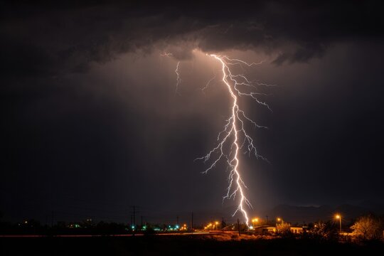 Lightning bolt strikes power line during a storm at night, illuminating the landscape amidst dark clouds - Powered by Adobe