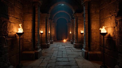 Looping dark medieval corridor illuminated by flickering torch flames creates a mysterious and haunting atmosphere