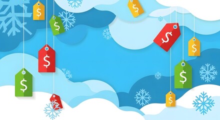 Winter sale background with hanging price tags and snowflakes on a blue wavy backdrop.