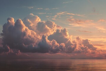 Vibrant cloudscape near the sea at sunset with colorful reflections on the water surface