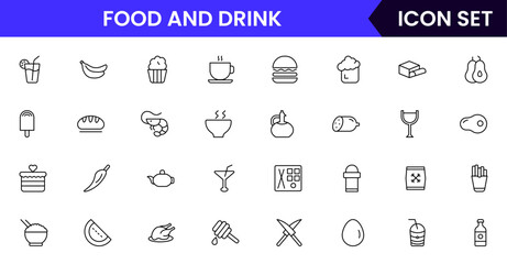 Food and drink web icons in line style. Meal, restaurant, dishes, fruits, fast food, burger, pizza, coffee, sandwich, collection. Vector illustration.