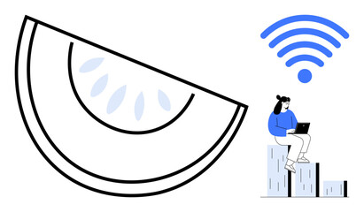 Giant citrus slice next to wireless symbol. Person working remotely with laptop, sitting on abstract blocks. Ideal for technology, connectivity, remote work, business, freelancing, creativity