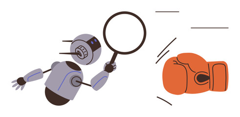 Robot holding magnifying glass analyzing surroundings while dodging a boxing glove symbolizing obstacles. Ideal for concepts of technology, AI, challenges, precision, problem-solving, conflict