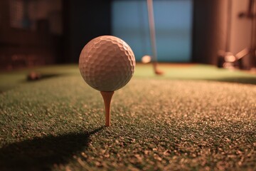 Golf ball positioned on tee in indoor simulator during practice session for enthusiasts honing skills and techniques