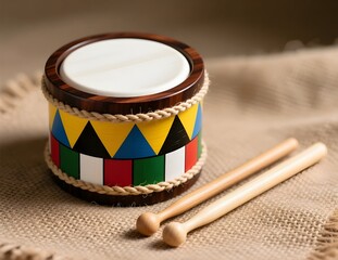 Hand painted wooden drum with drumsticks on burlap surface studio close up - Indian dafli, artisan, traditional, music instrument
