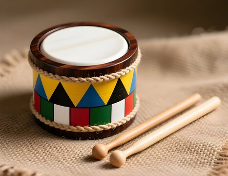 Hand painted wooden drum with drumsticks on burlap surface studio close up - Indian dafli, artisan, traditional, music instrument