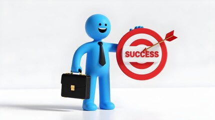 3D business character holding success target and briefcase on white background