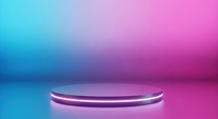 Neon podium illuminated with blue and pink light