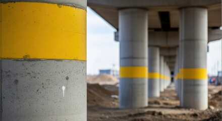 Concrete pillar of bridge with yellow stripe in construction site area