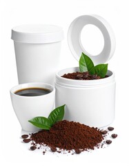 Coffee setup cup, powder, beans, and leaves on white