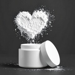 White powder heart over jar on dark, soft focus background